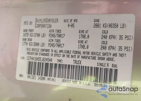 2005 Dodge Ram 1500 Slt/Laramie z USA, uszkodzony, nr VIN 1D7HA16N55J624540